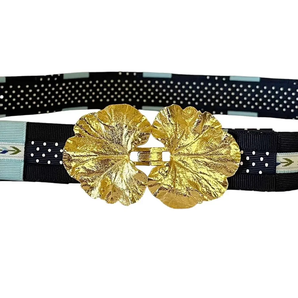Mimi Di N Vintage Gold-Tone Leaf Buckle with Woven Blue Fabric Statement Belt